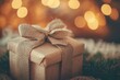 © ChaoticMind - This photograph showcases an elegant gift box adorned with a large burlap ribbon, set against a background of glowing bokeh lights, creating a festive and inviting atmosphere.