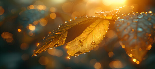 A macro shot of a leaf with a 3D holographic object hovering just above, illuminated by soft sunlight