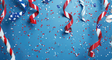 Wall Mural - 3D vector realistic animation of red, white, and blue party streamers with confetti on a flat blue background