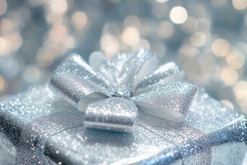 A sparkling silver-wrapped gift with a textured silver bow takes center stage against a soft, bokeh-lit background, making it an ideal image for festive and holiday advertisements.