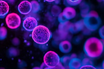 Aufkleber - Brightly colored spherical cells viewed under a microscope, showcasing intricate details and vivid pink and purple hues, symbolizing the complexity of life forms and scientific pursuit.