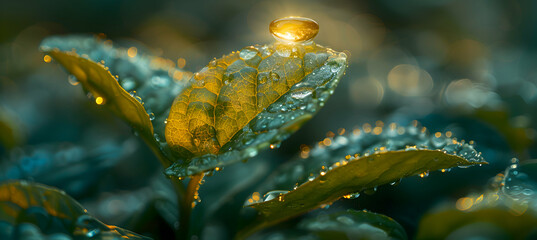 Wall Mural - A macro shot of a leaf with a 3D holographic object hovering just above, illuminated by soft sunlight