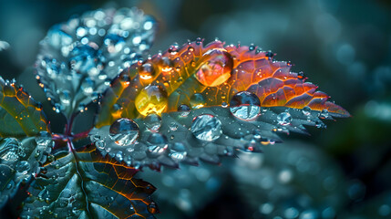 A macro shot of a plant leaf with a reflective 3D geometric shape partially obscured by natural elements