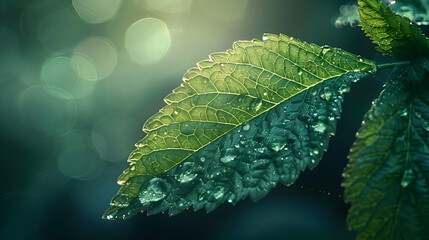 A macro shot of a plant leaf with a reflective 3D geometric shape partially obscured by natural elements