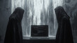 © Wanchai - In a dim room, a laptop’s glow reveals cascading code. Two shadowy figures in hoodies stand beside it, the tense scene highlighting the convergence of technology and mystery.