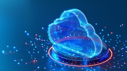 Poster - Futuristic digital cloud symbol with neon lights and connected data points, representing cloud computing and technology innovation.