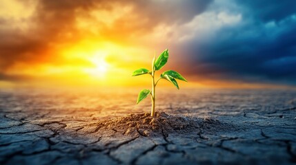 Plant Growing In Hot Dry Desert With Sunshine And Rain Storm Coming On The Horizon - New Life / Hope Concept with generative ai