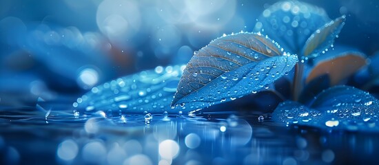 A macro shot of a water droplet-covered leaf with a translucent 3D object hovering nearby
