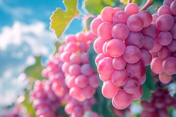 A bunch of pink grapes hanging from a vine