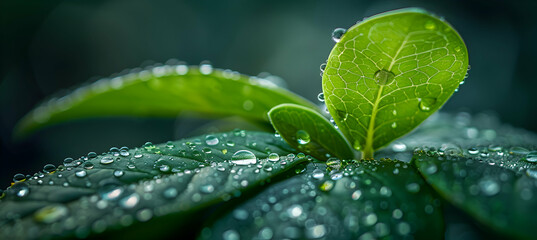 A macro shot of a water droplet-covered leaf with a translucent 3D object hovering nearby