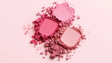 Poster - Three shades of pink cosmetic powders are scattered artistically on a soft pink surface, creating a visually appealing arrangement.