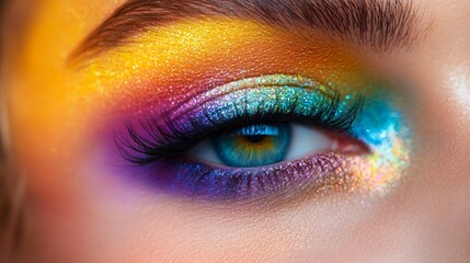 A close-up view showcasing a model's eye adorned with dazzling, colorful makeup featuring shades of yellow, orange, teal, and purple, highlighting artistic beauty.