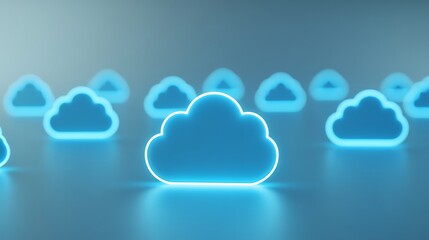 Poster - Futuristic neon cloud icons symbolizing cloud computing and technology concepts in a sleek and modern blue environment.