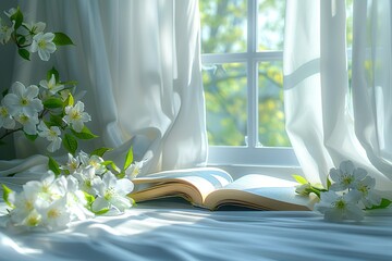 Wall Mural - A book is open on a bed with a window behind it