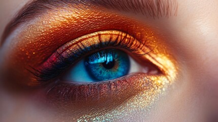 Poster - A woman's eye showcases striking orange and gold eyeshadow, highlighting deep blue iris and long lashes, captured in a beauty-inspired setting.