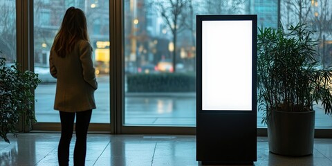 Sticker - Woman Looking Out Window at a Blank Sign