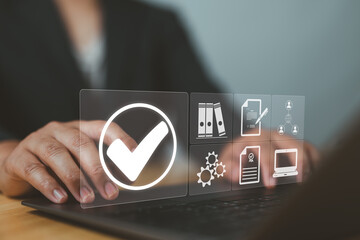 Poster - Quality management with Quality Assurance or QA and Quality Control or QC and improvement. Standardization, certification concept. Compliance to regulations and standards. Concept with manager.
