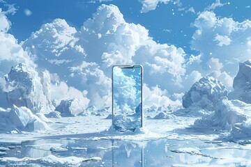 Wall Mural - A cell phone is placed in the middle of a snowy landscape