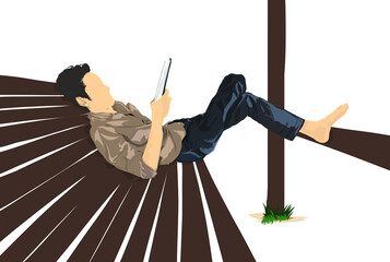 a man reading a book while relaxing on a wooden bench, with a white background