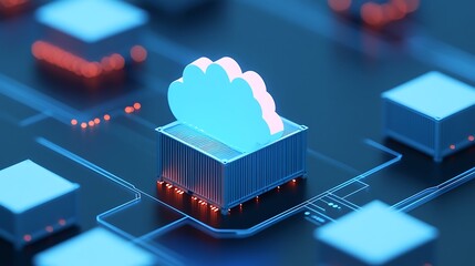 Poster - Illustration of cloud computing infrastructure with glowing chips representing cloud storage and networking technology.