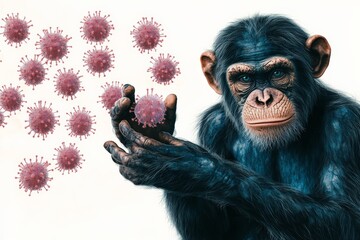 Poster - A digital artwork depicting a monkey holding a virus particle while being surrounded by multiple other virus forms, portraying the spread of infection and pandemic impact.