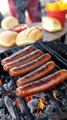 Sticker - Four juicy hot dogs are grilling on a charcoal grill, with the flames visible beneath.