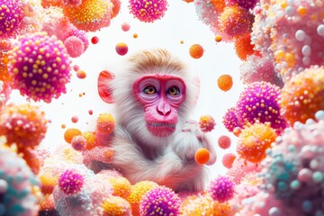 Poster - This digital illustration portrays a monkey amid an array of vibrant and colorful virus forms, symbolizing the intersection of natural life and viral disease in a modern context.