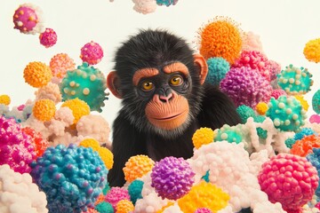 Poster - A digital artwork featuring a monkey surrounded by large, colorful virus forms, contrasting the vibrancy with the serious theme of viral infections and their global impact.