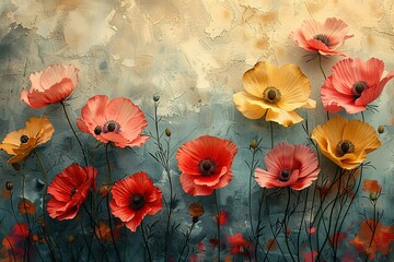 Wall Mural - A painting of a field of red and yellow flowers