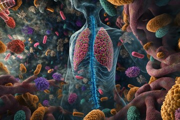 Poster - Detailed visual representation of a pair of human lungs surrounded by large, colorful bacteria, demonstrating the study of microbial effects on human respiratory system.