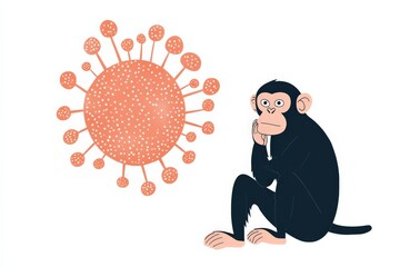 Poster - This image showcases an illustrated chimpanzee sitting thoughtfully next to a stylized virus depiction, possibly exploring themes of health, biology, and pandemics.