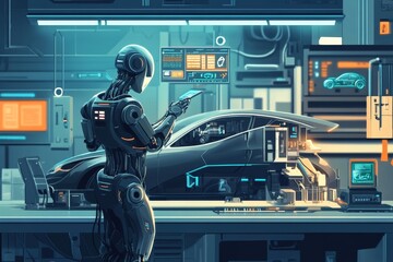 Aufkleber - A robot meticulously inspects a high-tech vehicle within a sophisticated lab environment, showcasing the integration of advanced robotics and automotive technology.