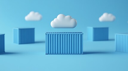 Poster - Minimalist representation of cloud computing with blue shipping containers and floating clouds on a blue background.