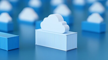 Poster - Minimalistic 3D illustration of cloud computing concept with shipping containers and cloud icons, highlighting cloud storage and technology.