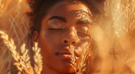 Wall Mural - A close-up of an African American woman's face with her eyes closed, surrounded by tall grasses.