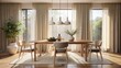 © DigitalArt Max - Minimalist morning light pours through sheer curtains onto a sleek solid oak dining table adorned with ceramic vases and woven jute placemats in a airy living space