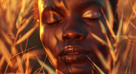 Wall Mural - A close-up of an African American woman's face with her eyes closed, surrounded by tall grasses.