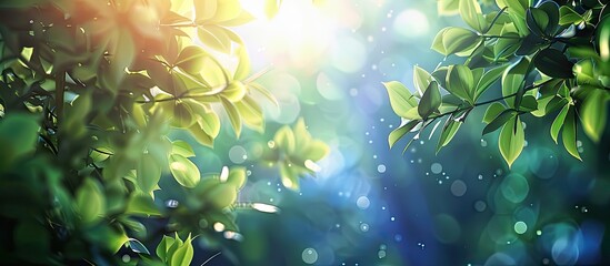 Canvas Print - Summer backdrop featuring blue and green tones with blurred foliage and sky along with vibrant bokeh Abstract blurry summer background Natural green leaves used as a cover page for a greenery environ