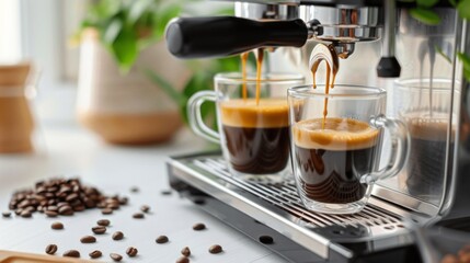 The aroma of freshly brewed espresso fills the air as hot coffee flows into two glass cups from a sleek home espresso machine in a modern kitchen