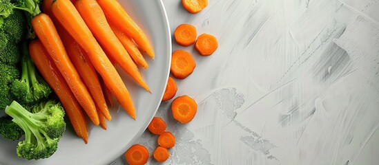 Wall Mural - Close up of steamed carrots and broccoli on a plate. Copy space image. Place for adding text and design