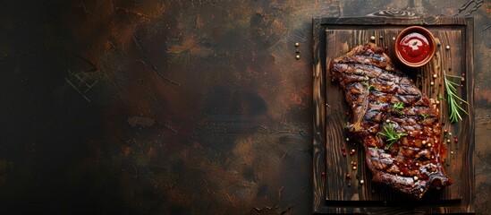 Wall Mural - Homemade freshly grilled meat Medium grilled BBQ beef steak with barbeque sauce on a wooden board Top view copy space