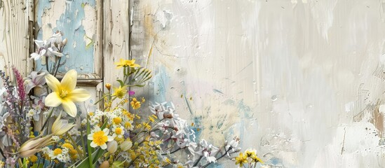 Poster - Easter background featuring an old weathered rustic window frame with peeling paint and spring flowers set against a light backdrop with copy space