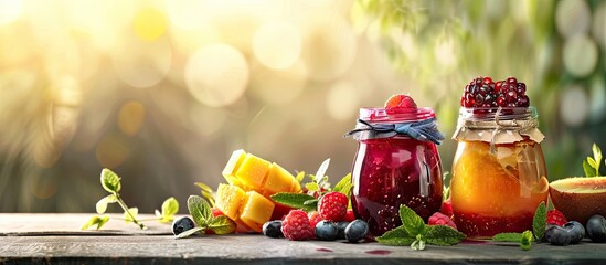 Wall Mural - Fruit and berry jam in glass jars featuring a variety of colors. Copy space image. Place for adding text and design