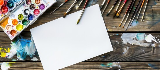 Poster - Palette of watercolor paints blank paper and brushes on a wooden surface Artist s workspace Copyspace Selective focus