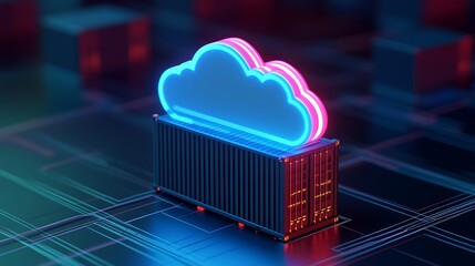 Poster - Neon cloud and container concept, representing cloud computing and data storage in a high-tech digital environment.