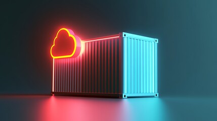 Poster - Neon cloud and container concept representing modern cloud computing and data storage solutions in a futuristic visual style.