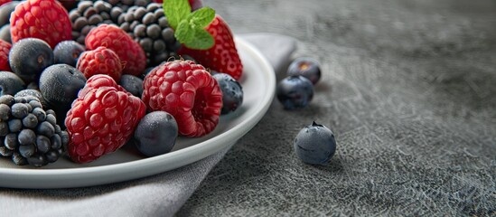 Canvas Print - a complete plate of fresh berries on the napkin. Copy space image. Place for adding text and design