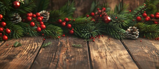 Poster - Christmas decorations and fir branches on a wooden board background with copy space Wooden background for the New Year featuring a wooden surface green tree and red berries New Year and Christmas the