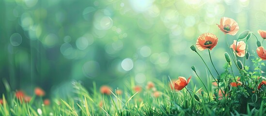 Canvas Print - Blooming poppy flowers in soft focus with grass during summer Blurred green backdrop suitable for print and poster Shallow depth of field Toned image Copy space