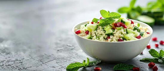 Poster - Couscous Salad with Pomegranate Mint and Cucumbers Nutritious Homemade Dish Vegan Option. Copy space image. Place for adding text and design